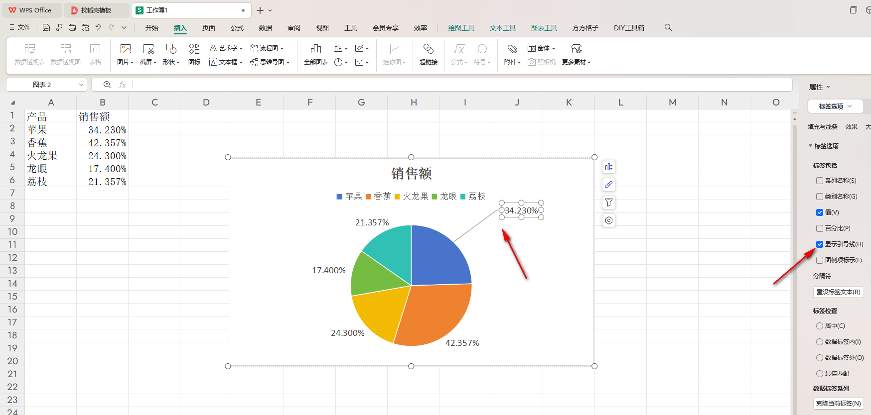 WPS饼图引导线