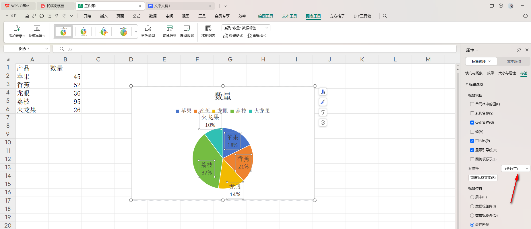 WPS饼图分隔符