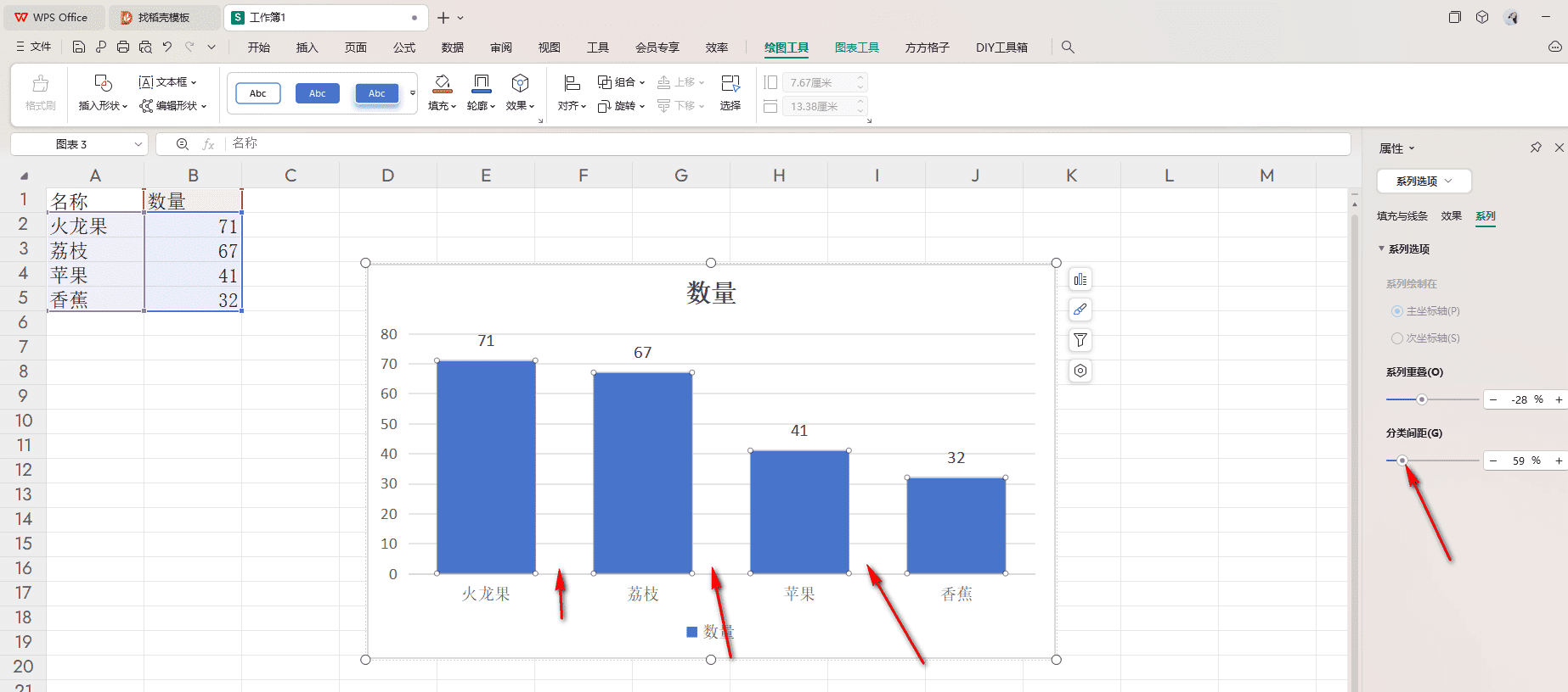 WPS柱形图间距
